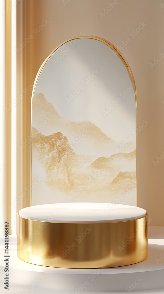 Poster golden stage with mountain view: a minimalist scene features a golden stage with a backdrop displayi