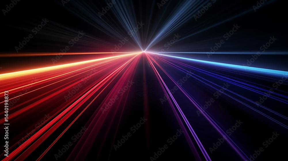 Poster chromatic convergence: a captivating digital artwork where vibrant streams of light converge towards