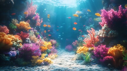 Naklejka premium Vibrant Reef Life: A breathtaking underwater scene showcasing a vibrant coral reef teeming with life. The sun's rays illuminate a kaleidoscope of colors.