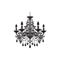 Chandelier Silhouette Vector Illustration, Solid White Background.