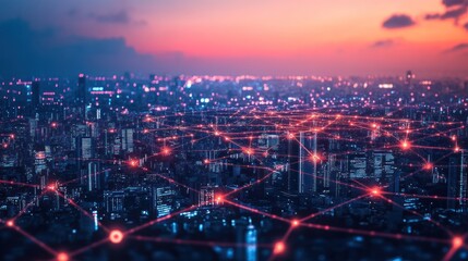 Smart City Network: A Futuristic Cityscape at Sunset