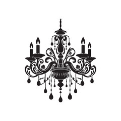 Chandelier Silhouette Vector Illustration, Solid White Background.