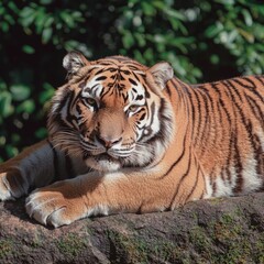 Obraz premium A majestic tiger at rest on a rock in its natural habitat surrounded by vibrant greenery and nature