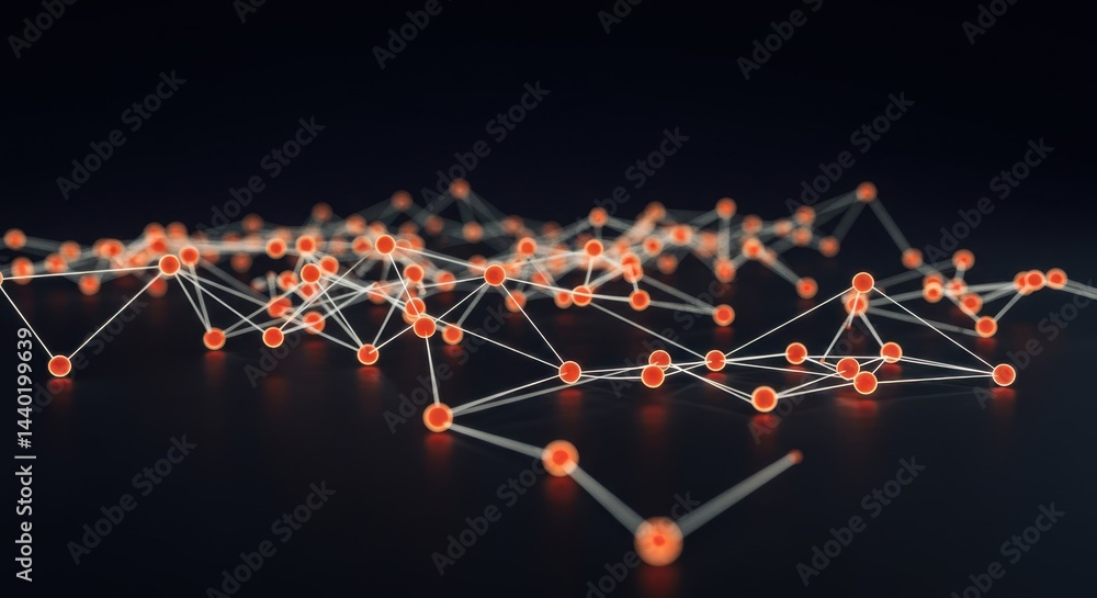 Poster abstract network connection nodes digital technology data visualization orange glowing dots intercon