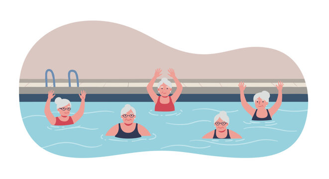 Seniors enjoying water aerobics at the swimming pool,  for advertising active longevity programs and active leisure