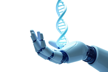 Futuristic Robotic Hand Holding DNA Strand - Biotechnology and Innovation Concept isolated transparent background