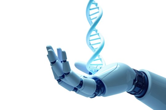 Futuristic Robotic Hand Holding DNA Strand - Biotechnology and Innovation Concept isolated transparent background