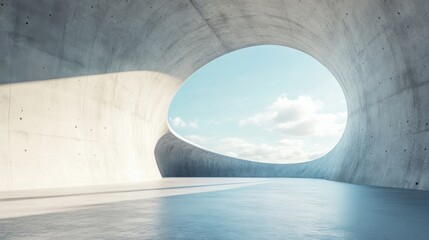 Fototapeta premium Modern architectural interior with round window and sky view, minimalist background