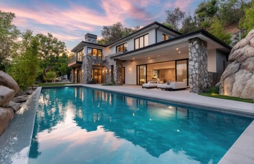 Obraz premium a large, two-story house with three expansive outdoor shots featuring an in-ground pool and lush landscaping
