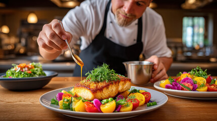 Chef garnishing dish of fish and vegetables with dressing in a restaurant setting. Gourmet meal