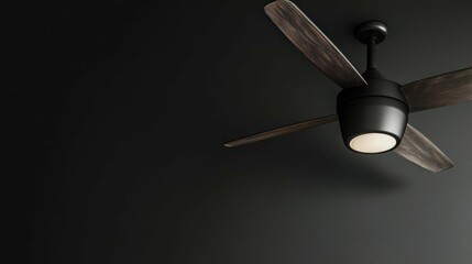 A modern ceiling fan with a light on a dark background, home and interior.
