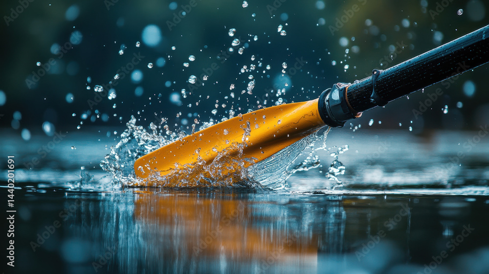 Poster adaptive rowing oars create stunning splashes as they slice through calm water in a serene natural s