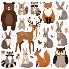 Naklejka premium Cute woodland forest animals vector illustration including a bear, foxes, deer, raccoon, rabbit, rat, squirrel, and owl on white background