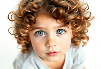 Naklejka premium Portrait of a 3-year-old boy with curly brown hair and bright blue eyes