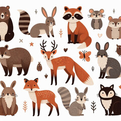 Cute woodland forest animals vector illustration including a bear, foxes, deer, raccoon, rabbit, rat, squirrel, and owl on white background
