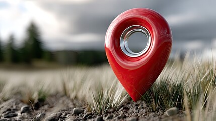 A vivid red location icon stands out in a lush grassy field, backed by a striking sky and illuminated with warm, cinematic lighting