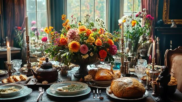 Elegant Thanksgiving dinner table setting with floral centerpiece and roasted poultry.