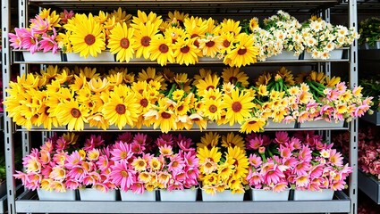 Tiered Metal Rack Displays Yellow and Pink Flowers
