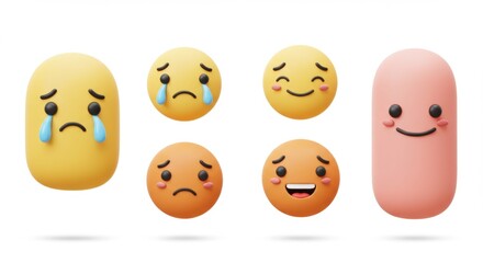 Fototapeta premium Diverse 3D Emoji Set: Round, Pill-Shaped Characters Expressing Sadness, Joy, and Mixed Emotions.