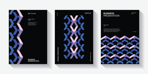 Business presentation vector A4 vertical orientation front page mock up set. Corporate report cover abstract geometric illustration design layout bundle. Company identity brochure template collection.