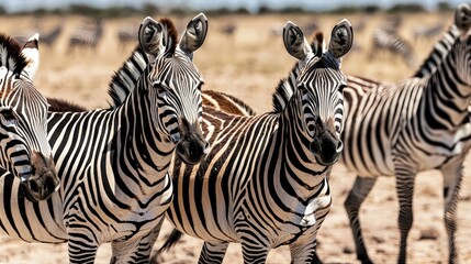 Fototapeta premium A group of zebras standing together in a verdant field showcasing their unique striped patterns