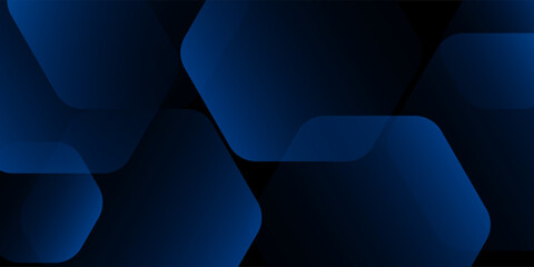 Modern abstract black background with glowing geometric lines. Blue gradient hexagon shape design. Futuristic technology concept.