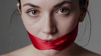 Young Woman with Mouth Covered by Red Ribbon in Conceptual Portrait