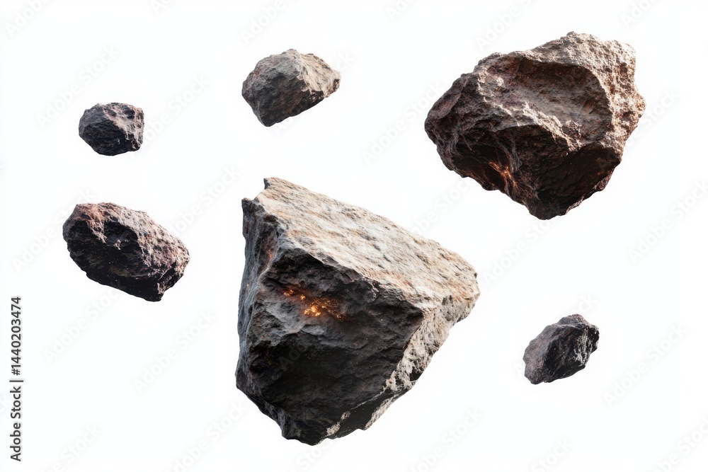 Poster a collection of various sized asteroids floating against a stark white background in outer space
