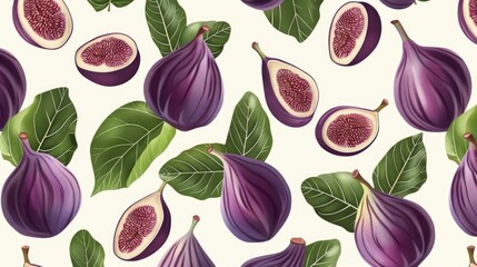Vibrant pattern with fresh purple figs and pink flesh slices with seeds and green leaves on white background