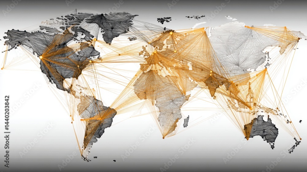 Aufkleber abstract world map illustration with interconnected lines and nodes in gold and gray tones on a ligh