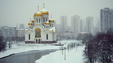 Obraz premium Stunning Winter Scene of a Church with Golden Domes and Urban Background