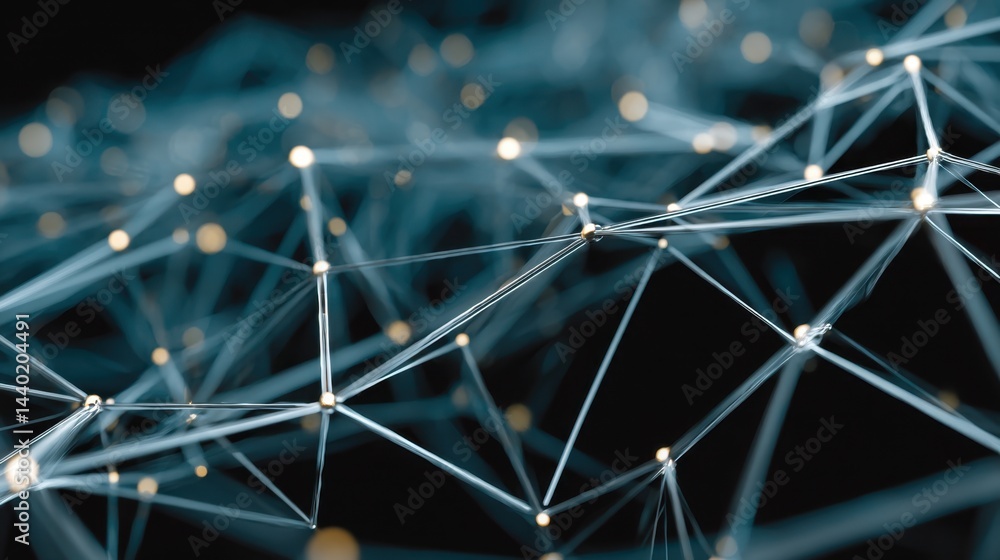Poster abstract network connection concept. glowing nodes and lines form a complex web on a dark background