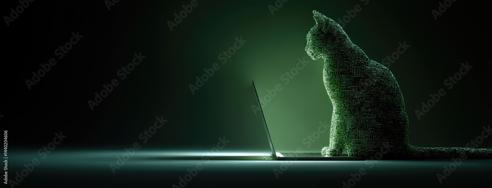 Poster a cat silhouette made of glowing green binary code is located in front of a laptop on a black backgr