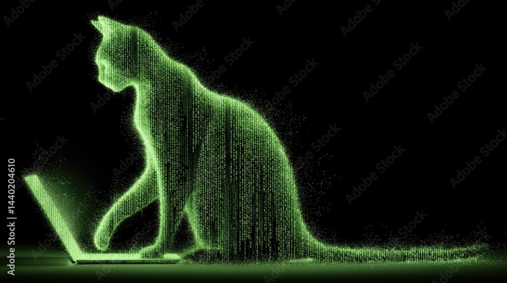 Aufkleber a cat silhouette made of glowing green binary code is located in front of a laptop on a black backgr