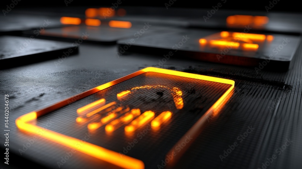 Poster abstract image of glowing orange lines forming geometric shapes on a dark textured surface.