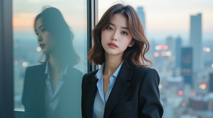 Obraz premium A young professional woman in a suit stands by a window overlooking a modern cityscape at dusk, reflecting confidence and ambition.