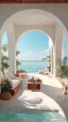 Fototapeta premium Modern terrace showcases white sofas, a coffee table, and beautiful sea views with vibrant greenery creating a serene atmosphere