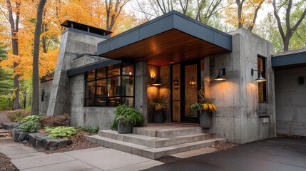 Fototapeta premium Contemporary architecture combines concrete and wood, offering panoramic views and outdoor seating in a tranquil mountain setting at dusk