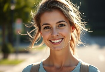 Fototapeta premium Outdoor portrait of a smiling woman with natural lighting