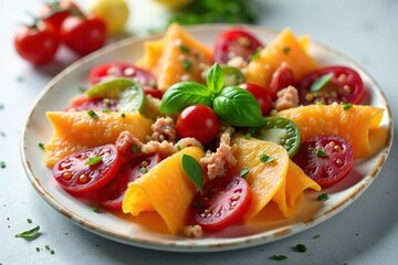 Artistically arranged Italian antipasto platter on white, restaurant, tasty