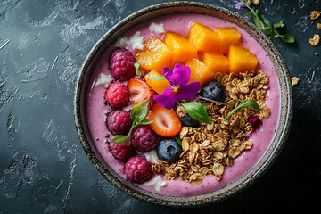Healthy green smoothie bowl topped with bananas, berries, melon, and oats