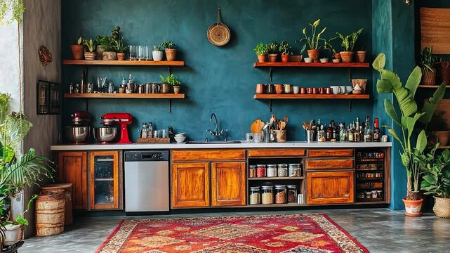 Stylish kitchen with wooden cabinets, teal walls, and plants.