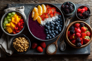 Healthy green smoothie bowl topped with bananas, berries, melon, and oats
