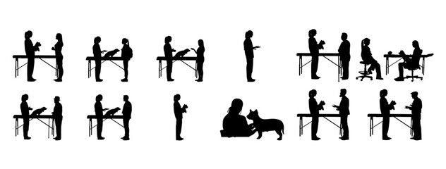 A dog doctor stands with a dog and gives advice vector set.