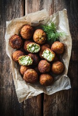 Deliciously Crispy Golden-Brown Fried Balls on a Rustic Wooden Surface with Fresh Herbs and Paper for an Appealing Culinary Presentation