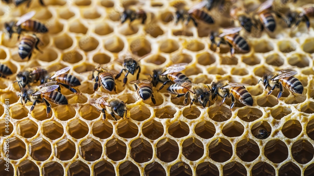 Poster bees busy at work inside a honeycomb structure collecting nectar and creating delicious honey