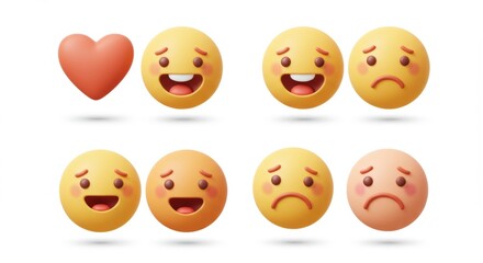 Emotional Spectrum: 3D Render of Heart and Smiling to Frowning Faces on White.