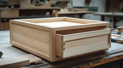 Handcrafted Wooden Box with Drawer in a Workshop