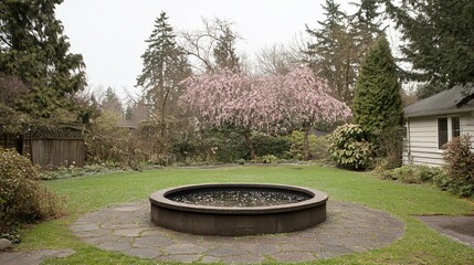 Obraz premium A serene backyard with a circular stone water feature. Pink blossoms, mature trees, and manicured lawns create a peaceful atmosphere