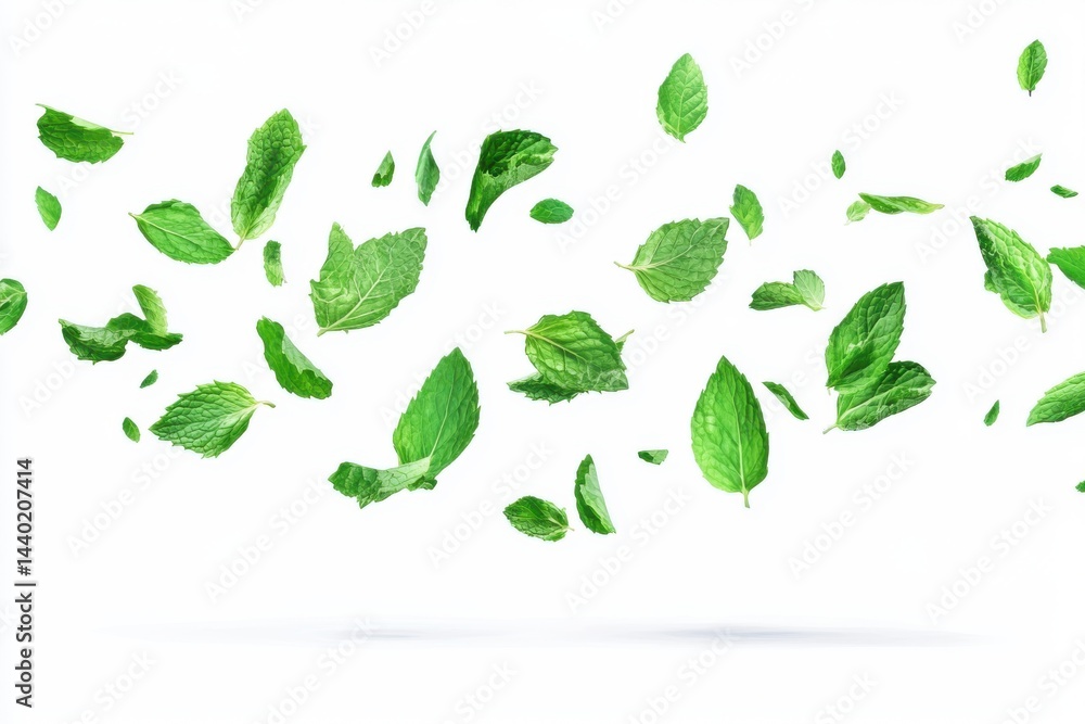 Poster a vibrant array of fresh mint leaves scattered against a pristine white backdrop in a dynamic displa